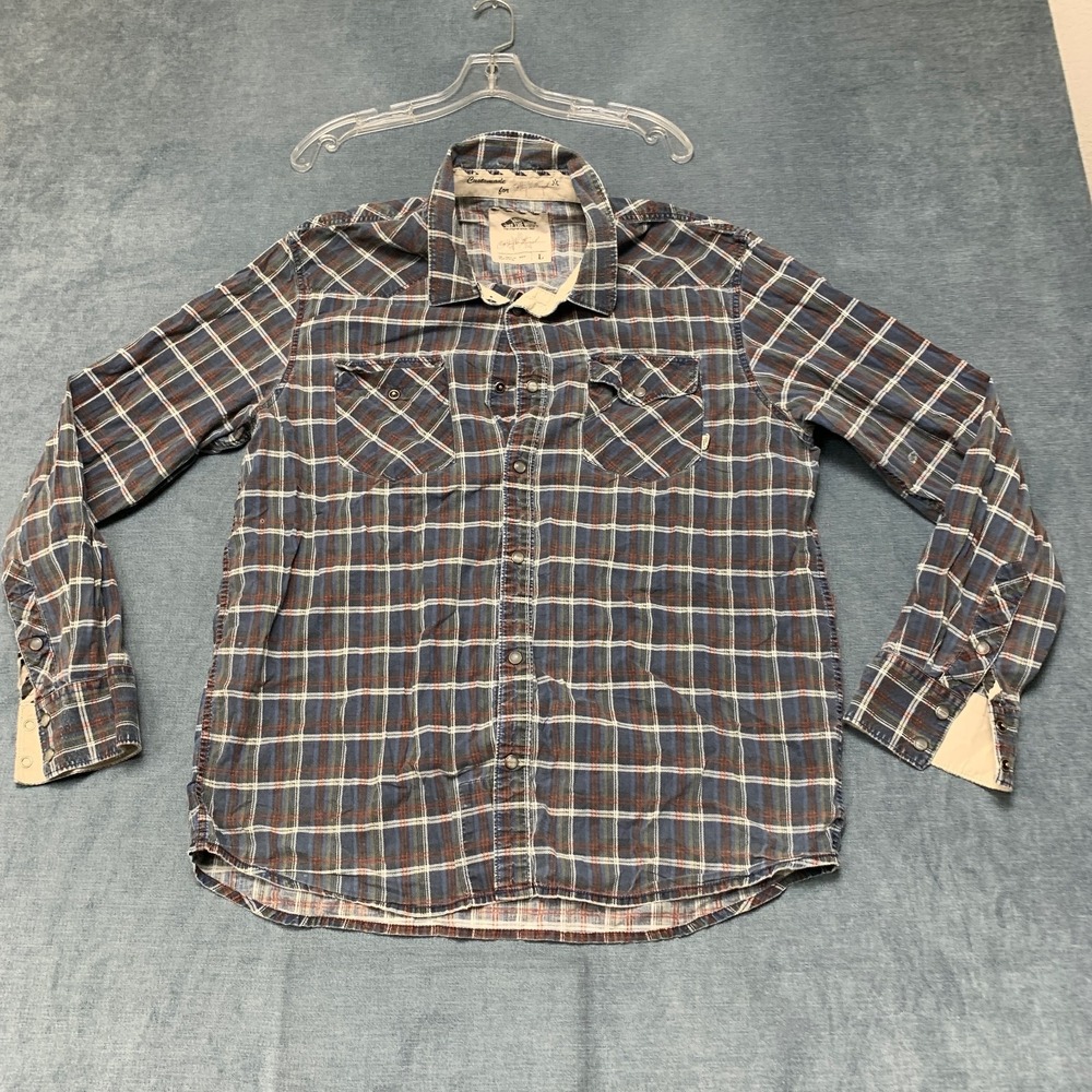 Vans Flannel Shirt Mens Large Blue Grey Plaid Pearl Snap Dual Chest Pockets